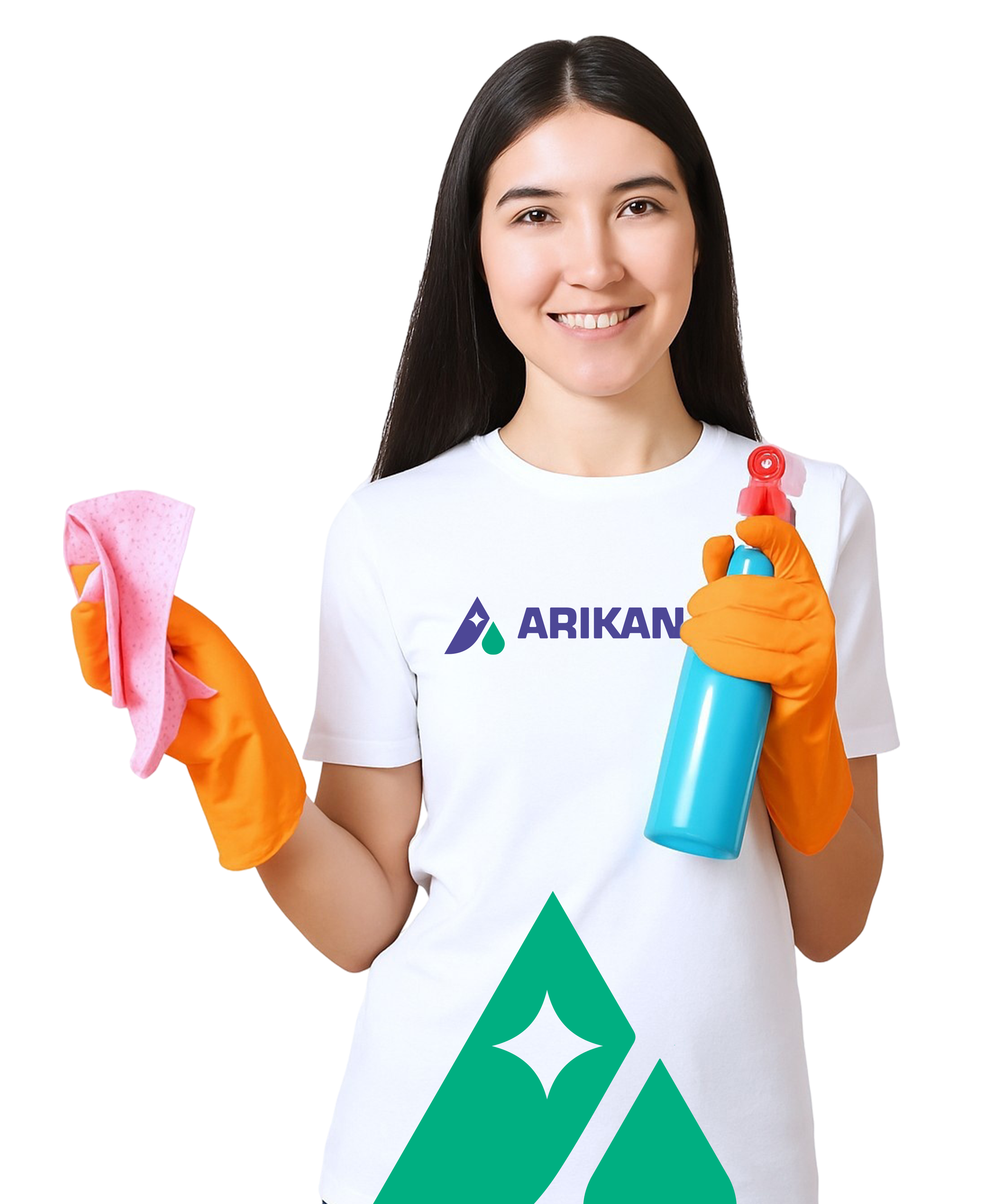 young housewife holds his hands cleaning products colored background